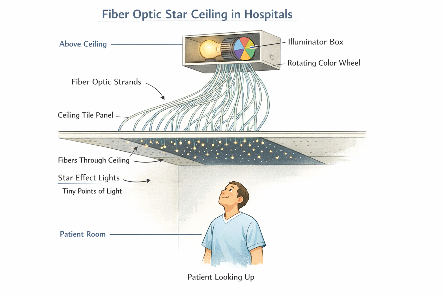 Diagram showing how fiber optic star ceilings work: an illuminator box above the ceiling sends light through thin fiber optic strands that thread through the ceiling panel, creating points of light visible from the room below